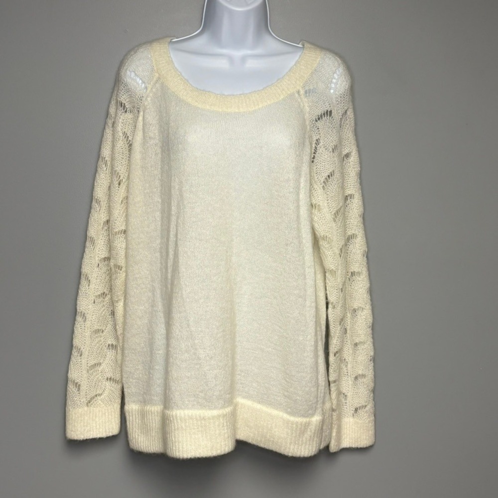 Loft Ivory Mohair Blend Pointelle Knit Minimalist Quiet Luxury Sweater Sz XL